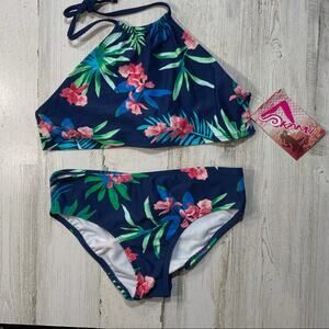 Kanu Surf Leonie Girls SZ 14 Floral Tie Halter Bikini Set 2-Piece Navy Blue New